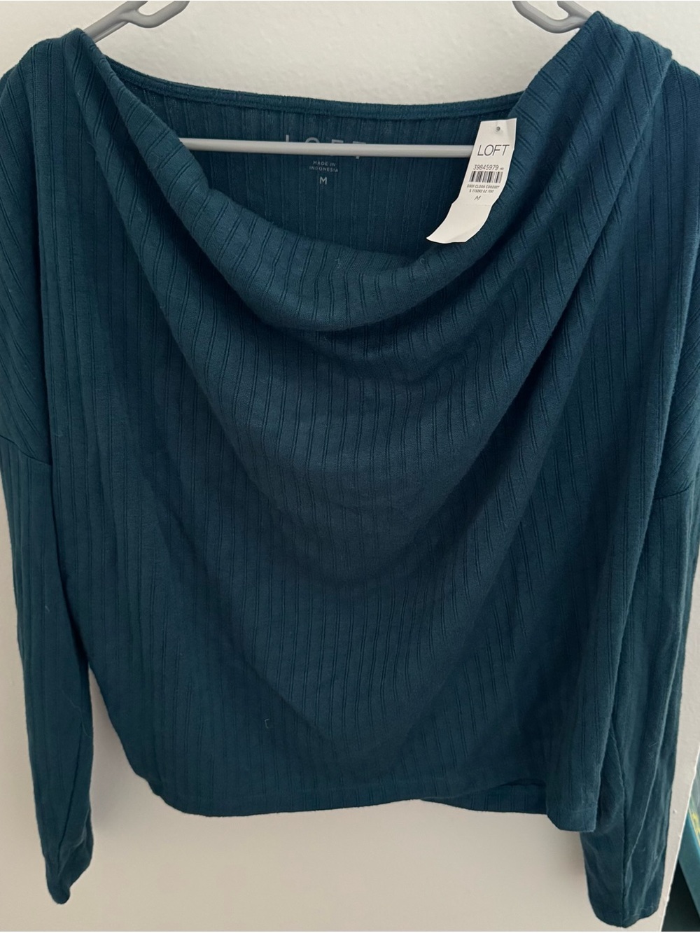LOFT Teal Ribbed Cowl Neck Sweater